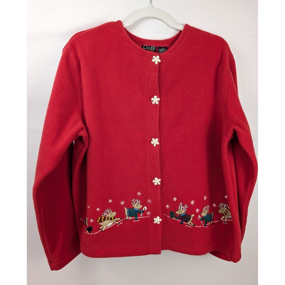 Vintage Y2K Fleece Reindeer Christmas Cardigan Size M Red Snowflake Cottagecore